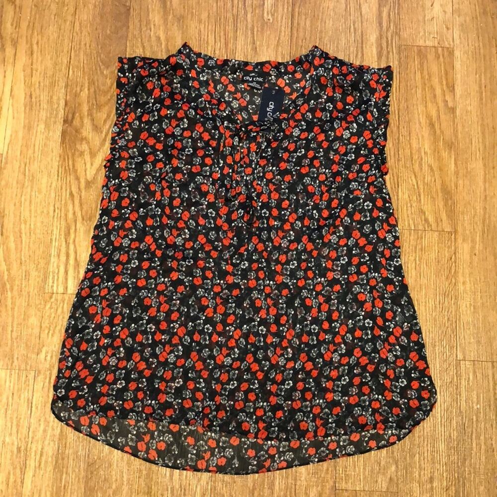 City Chic Black Red White Neck Bow Poppy Sheer Sleeveless Blouse Size XS